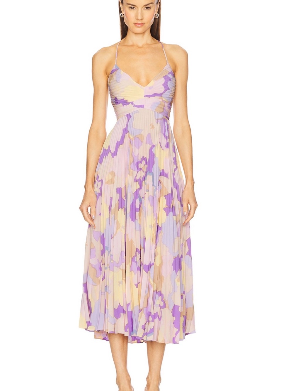 Astr Lavender and Pale Yellow Floral Pleated Midi Dress